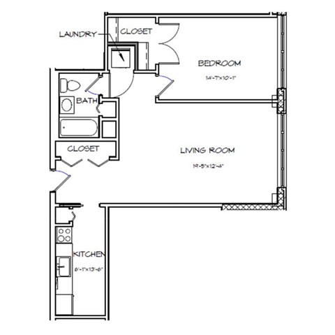 Floor plan for 1 bed, 1 bath, 652 sqft